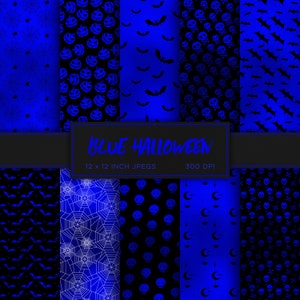 May include: A set of 10 digital paper patterns featuring blue and black Halloween designs. The patterns include bats, skulls, pumpkins, spiderwebs, moons, and stars. The text "BLUE HALLOWEEN", "12 x 12 INCH JPEGS", and "300 DPI" is displayed on a black banner.
