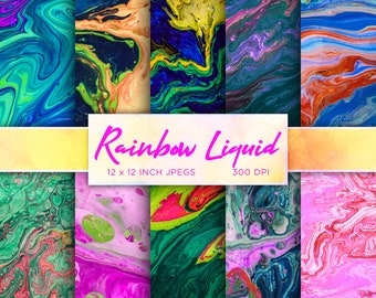 Rainbow Liquid Digital Paper Marble Digital Paper Swirls Digital Paper Mixed Colors Patterns - INSTANT DOWNLOAD
