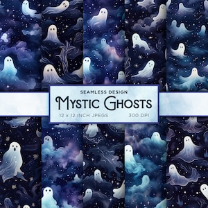 Mystic Ghosts Seamless Digital Paper Cute Ghosts Halloween Night Digital Paper Blue Ghostly Scary Backgrounds Patterns - INSTANT DOWNLOAD