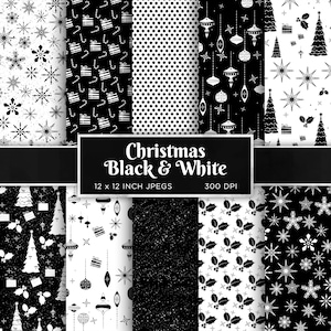 Kerstmis Zwart Wit Digitaal Papier Boom Kerst Digitaal Papier Kerstballen Cadeau Monochroom Digitaal Papier Patronen - INSTANT DOWNLOAD