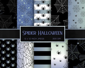 May include: A set of 12x12 inch digital paper featuring spider web and spider patterns in black, white, and blue. The papers are 300 DPI and perfect for Halloween crafts and projects.