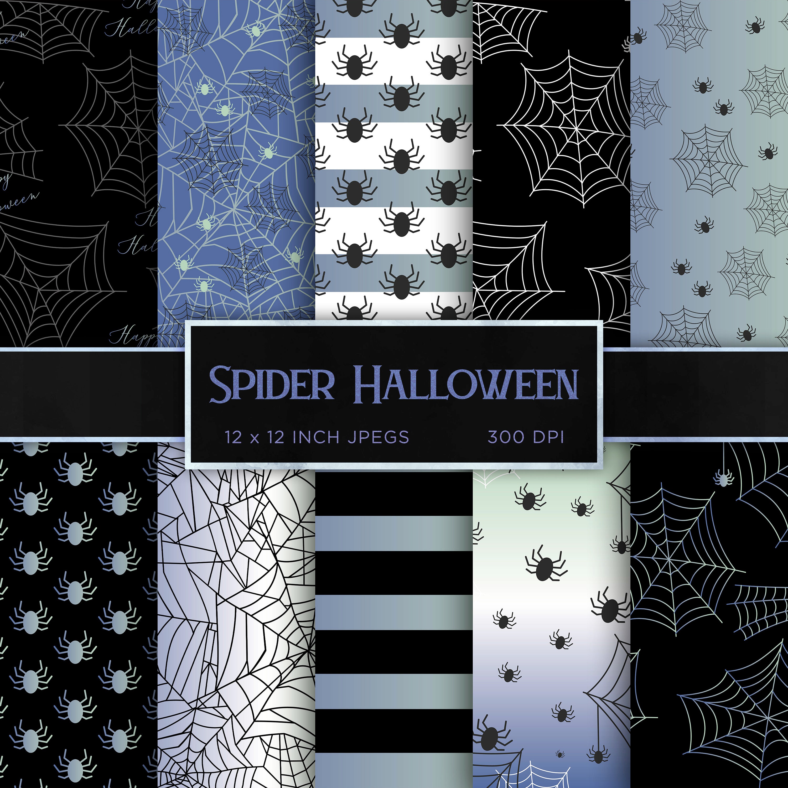 Spider Halloween Digital Paper Metallic Webs Blue Digital Paper Green ...