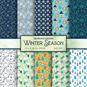 May include: A set of 12x12 inch digital paper patterns featuring winter themes. The patterns include snowflakes, houses, mittens, trees, and snowmen. The patterns are in a variety of colors, including blue, green, white, and yellow. The text "Seamless Design Winter Season 12 x 12 inch JPEGS 300 DPI" is displayed on a banner.