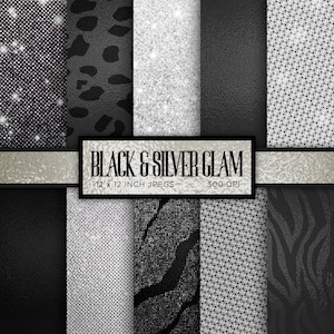 Papier numérique glam noir argenté, losanges, papier numérique, paillettes, zèbre, papier numérique animaux, motifs de célébrations - TÉLÉCHARGEMENT IMMÉDIAT