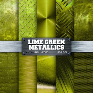 May include: A set of 12x12 inch digital paper textures in lime green metallic colors. The textures include brushed metal, diamond plate, and more.