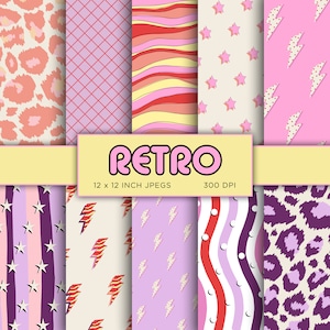 Puede incluir: Un conjunto de papeles digitales de 30,5 x 30,5 cm en estilo retro. Los patrones incluyen colores rosa, morado, amarillo, rojo, blanco y negro. Los patrones presentan estrellas, rayos, olas e estampado de leopardo.