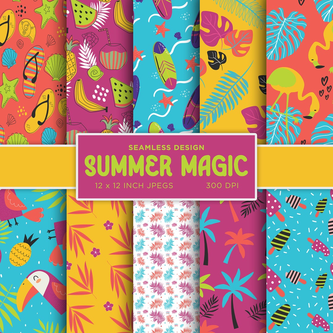 Summer Magic Seamless Digital Paper Digital Flip Flops Surfboard Pink ...
