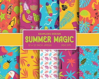 Summer Magic Seamless Digital Paper Digital Flip Flops Surfboard Pink Blue Yellow Tropical Colors Scrapbooking Patterns - INSTANT DOWNLOAD
