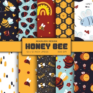 Honey Bee Seamless Digital Paper Bumble Bee Fun Digital Paper Summer Wasp Insects Yellow Colors Digital Paper Patterns - INSTANT DOWNLOAD