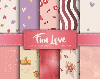 Papel digital divertido amor, corações dos namorados, papel digital, rosas vermelhas, cores, padrões de papel digital - DOWNLOAD INSTANTÂNEO