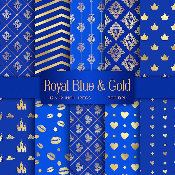 Royal Blue & Gold Digital Paper Diamonds Digital Paper Crown Damask Royalty Luxury Digital Paper Celebrations Patterns - INSTANT DOWNLOAD