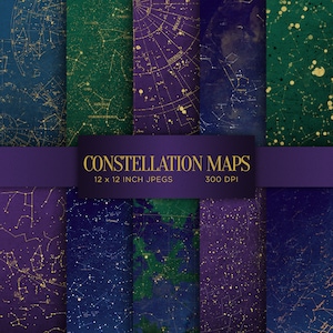 Mapas de constelaciones Papel digital Papel digital celestial Mapas antiguos Papel digital Patrones de estrellas doradas - DESCARGA INSTANTE