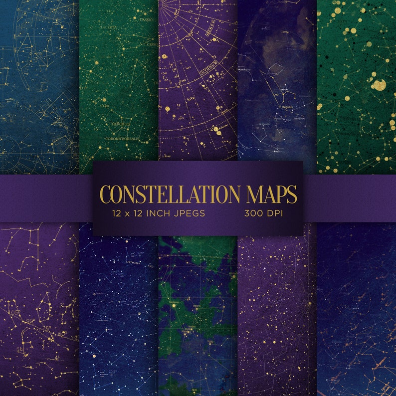 Pode incluir: Um conjunto de 8 mapas de constela&ccedil;&otilde;es digitais com glitter dourado sobre um fundo azul escuro e verde. Os mapas medem 30,5 x 30,5 cm e 300 DPI.