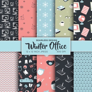 May include: A set of 12 x 12 inch digital paper patterns featuring winter office themes. The patterns include snowflakes, reindeer, computers, coffee cups, and more. The patterns are in a variety of colours, including blue, pink, green, and black.