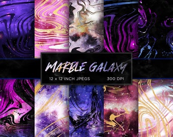 Può includere: Un set di 8 design di carta digitale con un tema di galassia di marmo. Le carte sono in tonalità di viola, rosa, blu, nero e oro con un effetto marmo a spirale e uno sfondo di cielo stellato. Ogni carta misura 30,5 x 30,5 cm e 300 DPI.