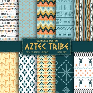 May include: A set of 12 digital seamless patterns featuring Aztec-inspired designs. The patterns are in various colours, including orange, blue, yellow, and white. The patterns are 12 inches by 12 inches and 300 DPI.