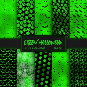 Green Halloween Digital Paper Metallic Bats Skulls Digital Paper Webs Spider Pumpkin Black Backgrounds Patterns - INSTANT DOWNLOAD