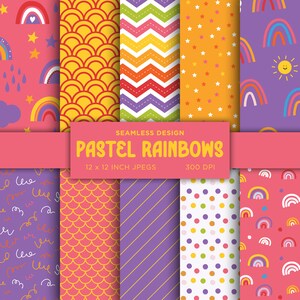 May include: A set of 12x12 inch digital paper designs featuring pastel rainbows, stars, clouds, and other whimsical elements. The papers are perfect for scrapbooking, card making, and other craft projects.