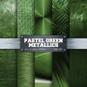 Può includere: Una collezione di texture metalliche verde pastello. L'immagine presenta vari modelli, tra cui metallo spazzolato, lamiera diamantata e disegni circolari. Il testo "PASTEL GREEN METALLICS" è visualizzato su una piastra metallica, con dimensioni di 30.48 x 30.48 cm.