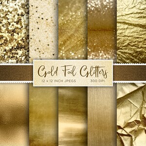 May include: A set of 12x12 inch digital paper featuring gold foil and glitter textures. The papers are 300 DPI and perfect for digital scrapbooking, card making, and other craft projects.