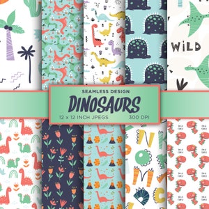 Dinosaurs Seamless Digital Paper Dino Digital Boys Birthday Kids Dinosaurs Green Blue White Colors Scrapbooking Patterns - INSTANT DOWNLOAD