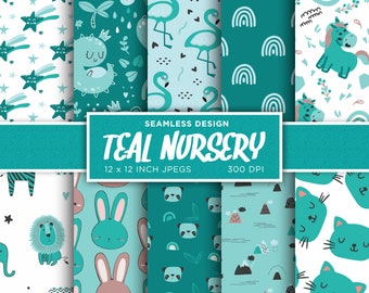 Teal Nursery Seamless Digital Paper Baby Boy Girl Shower Newborn Unicorn Cat Bunny Green Colors Digital Paper Patterns - INSTANT DOWNLOAD