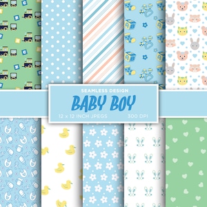 Baby Boy Seamless Digital Paper Nursery Baby Shower Newborn Birthday Blue Green White Colors Digital Paper Patterns - INSTANT DOWNLOAD