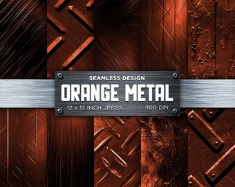 Könnte beinhalten: Ein Satz von 8 nahtlosen orangefarbenen Metalltexturen. Jede Textur ist 30,48 x 30,48 cm groß und hat 300 DPI. Die Texturen umfassen gebürstetes Metall, Diamantblech und rostiges Metall.