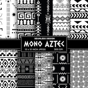 Könnte beinhalten: Ein Set mit 12 schwarzen und weißen digitalen Papiermustern mit geometrischen Azteken-Designs. Die Muster sind nahtlos und messen 30,48 cm x 30,48 cm. Die Auflösung beträgt 300 DPI.