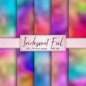 Puede incluir: Conjunto de 8 papeles digitales de lámina iridiscente en varios colores. Cada papel mide 30,48 x 30,48 cm y 300 ppp.