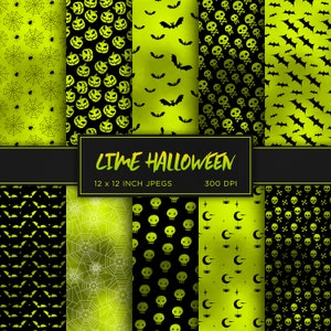 Lime Green Halloween Digital Paper Metallic Bats Skulls Digital Paper Webs Spider Pumpkin Black Backgrounds Patterns - INSTANT DOWNLOAD