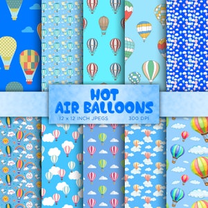 Hot Air Balloons Digital Paper Blue Digital Paper Baby Boy Shower Birthday Digital Paper Patterns - INSTANT DOWNLOAD