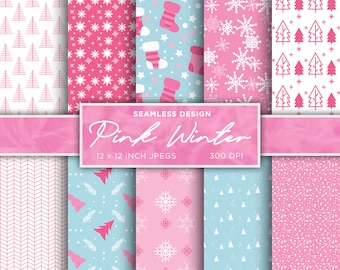 Pink Winter Seamless Digital Paper Snow Snowflake Digital Paper Ice Frozen Blue White Colors Digital Paper Patterns - INSTANT DOWNLOAD