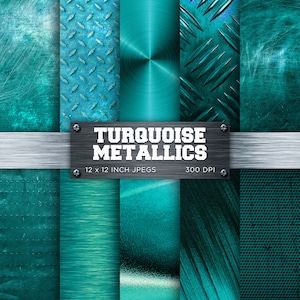 Könnte beinhalten: Ein Set mit 30,5 x 30,5 cm großen digitalen Papiertexturen in Türkis-Metallic. Die Texturen umfassen gebürstetes Metall, Diamantblech und mehr. 300 DPI.