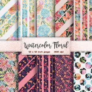 Akwarela Kwiatowy Cyfrowy Papier Kwiatowy Cyfrowy Papier Różowy Niebieski Kolory Cyfrowe Wzory Papieru - NATYCHMIASTOWE POBIERANIE
