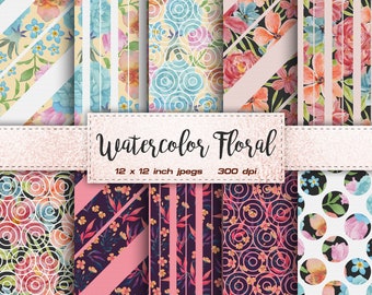 Watercolor Floral Digital Paper Flower Digital Paper Pink Blue Colors Digital Paper Patterns - INSTANT DOWNLOAD