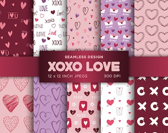 XOXO Love Seamless Digital Paper San Valentino Carta digitale Rosa Viola Bianco Amore Colori Modelli di carta digitale - DOWNLOAD IMMEDIATO