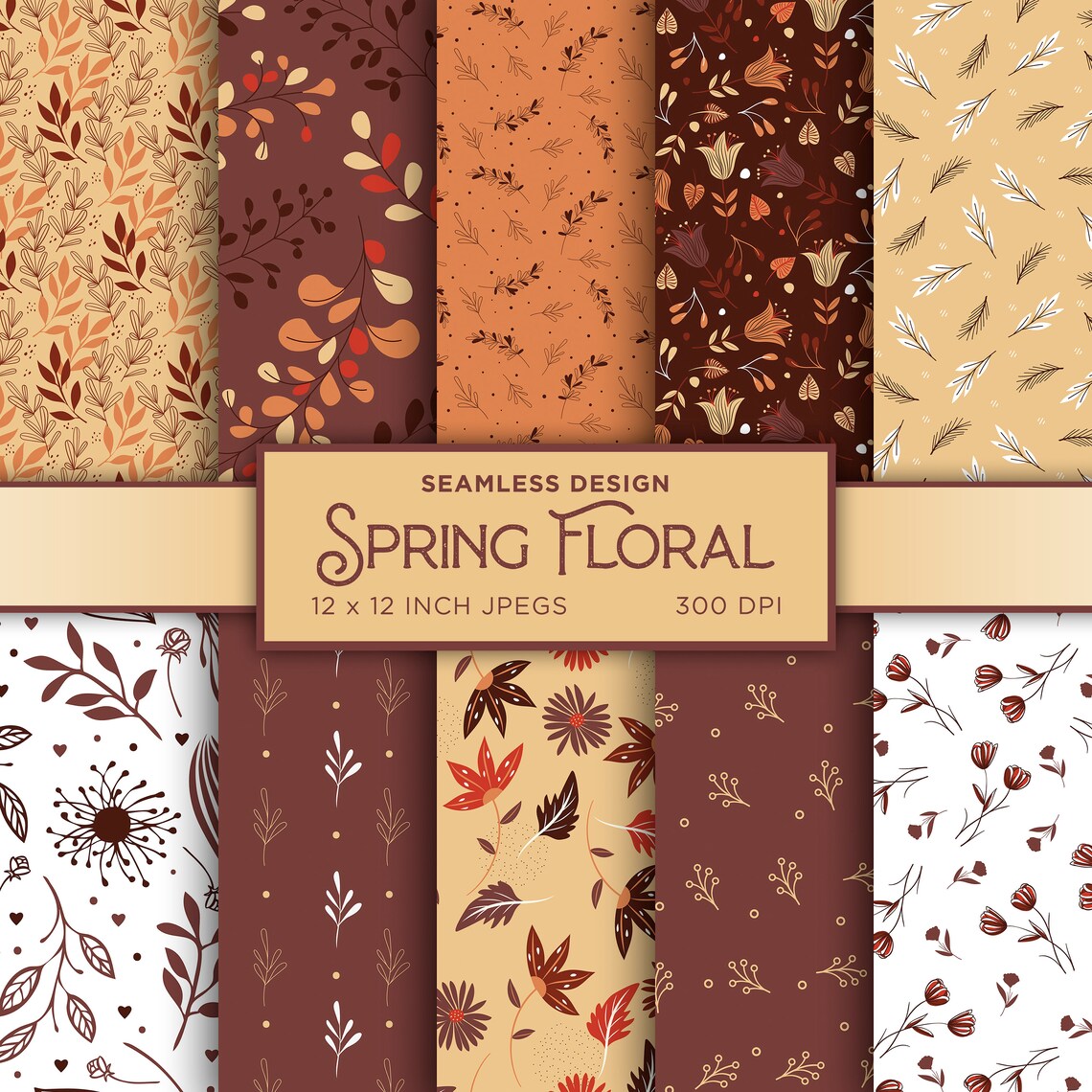Spring Floral Seamless Digital Paper Flowers Leaves Orange Brown Ivory ...