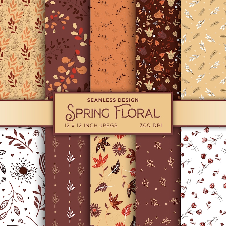Spring Floral Seamless Digital Paper Flowers Leaves Orange Brown Ivory ...