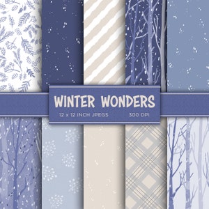 Winter Wonders Digital Paper Snow Snowflake Digital Paper Trees Branches Blue Beige Colors Digital Paper Patterns - INSTANT DOWNLOAD