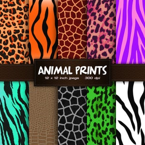 Animal Prints Digital Paper, Safari Scrapbook Papers, Leopard, Tiger, Giraffe, Zebra, Safari Printables, Jungle Patterns, INSTANT DOWNLOAD