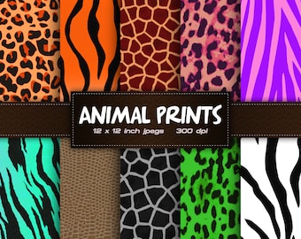 Animal Prints Digital Paper, Safari Scrapbook Papers, Leopard, Tiger, Giraffe, Zebra, Safari Printables, Jungle Patterns, INSTANT DOWNLOAD