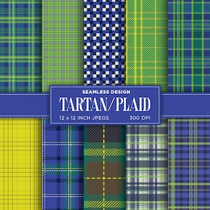 Puede incluir: Un conjunto de 10 patrones de tartán sin costuras digitales en varios colores, incluidos el azul, el verde, el amarillo y el marrón. Los patrones son de 30,48 x 30,48 cm y 300 DPI. El texto "Seamless Design Tartan/Plaid 12 x 12 Inch JPEGS 300 DPI" se muestra en una pancarta azul.