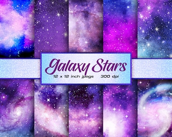 May include: A set of eight digital paper backgrounds featuring watercolour galaxy designs with purple, blue, and white colours. The papers are 12 x 12 inches and 300 dpi.