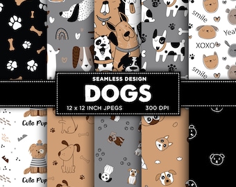 Dogs Seamless Digital Paper Dog Puppy Digital Paper Paw Prints Black Grey Brown Colors Digital Paper Patterns - INSTANT DOWNLOAD