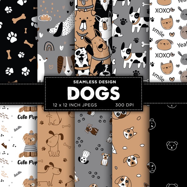Dogs Seamless Digital Paper Dog Puppy Digital Paper Paw Prints Black Grey Brown Colors Digital Paper Patterns - INSTANT DOWNLOAD