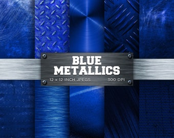 Blue Metallics Digital Paper Brushed Metal Brass Digital Paper Metallic Textures Backgrounds Patterns - INSTANT DOWNLOAD