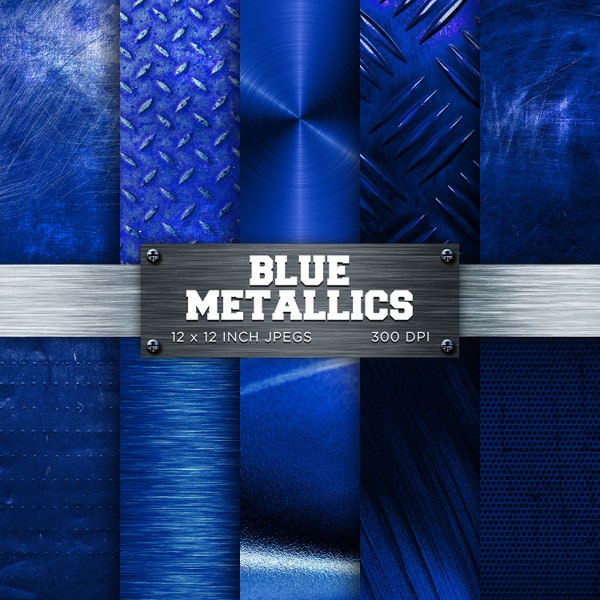 Blue Metallics Digital Paper Brushed Metal Brass Digital Paper Metallic Textures Backgrounds Patterns - INSTANT DOWNLOAD