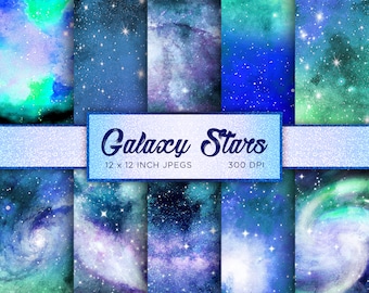 Galaxy Stars Digital Paper Celestial Digital Paper Metallic Digital Paper Watercolor Blue Green Sky Patterns - INSTANT DOWNLOAD