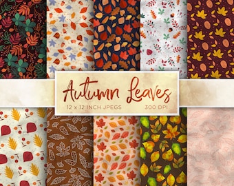 May include: Set of 12 digital paper patterns featuring autumn leaves in various colors and styles. The patterns are 12 x 12 inches and 300 DPI.